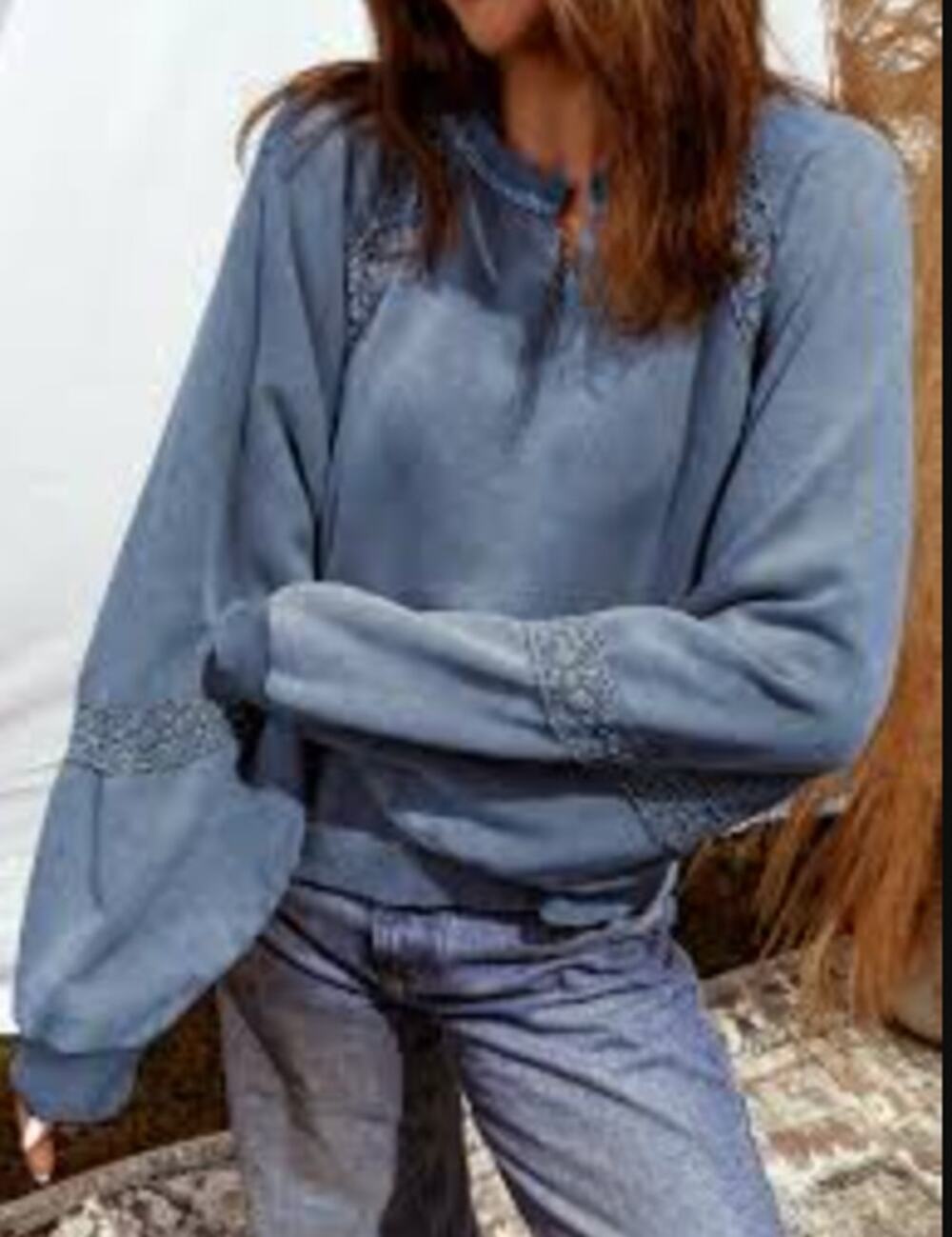 Aerie Mineral Wash V Neck Crochet Trim Oversized Sweatshirt Blue Medium